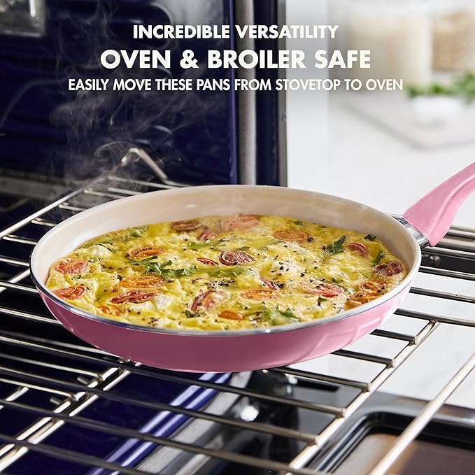 GreenPan Rio Healthy Ceramic Nonstick 8" Frying Pan Skillet and Silicone Spatula Set, Soft Grip Handle, Breaktfast Meal Set, PFAS-Free, Dishwasher Safe, Oven Safe, Pink - Image 6
