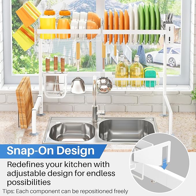 SNTD Over The Sink Dish Drying Rack - Adjustable Dish Rack for Kitchen Counter, Metal (White) - Image 5