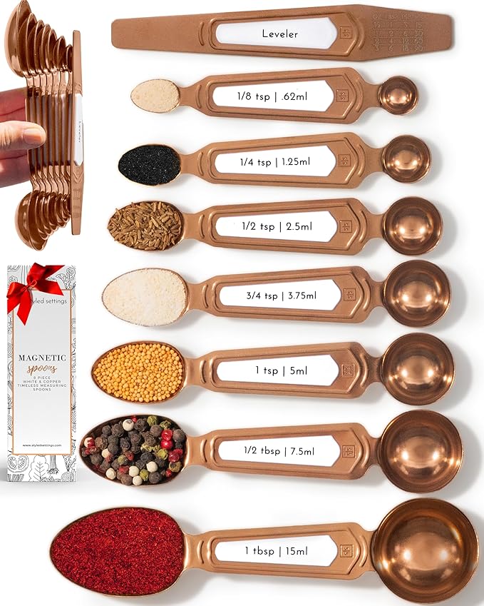 Copper Measuring Spoons Set with Leveler – 8-Piece Double-Sided Nesting Magnetic Measuring Spoons, Stackable & Spice Jar Friendly – Stylish Copper Kitchen Accessories and Decor for Baking and Cooking by STYLEDSETTINGS