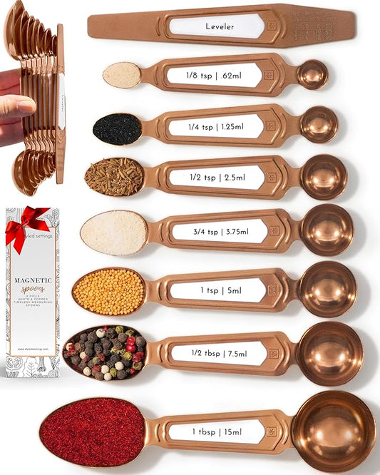 Copper Measuring Spoons Set with Leveler – 8-Piece Double-Sided Nesting Magnetic Measuring Spoons, Stackable & Spice Jar Friendly – Stylish Copper Kitchen Accessories and Decor for Baking and Cooking by STYLEDSETTINGS
