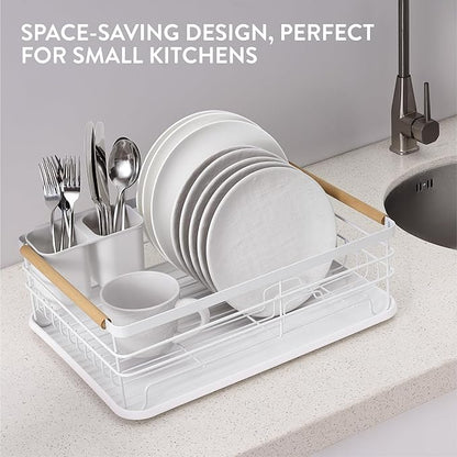 Navaris Dish Drainer Rack - Plate, Silverware, Pots and Pans - Dish Rack with Beechwood Handles - Metal Dish Drying Rack for Kitchen Counter - Modern Retro Design Dish Rack - White - Image 4