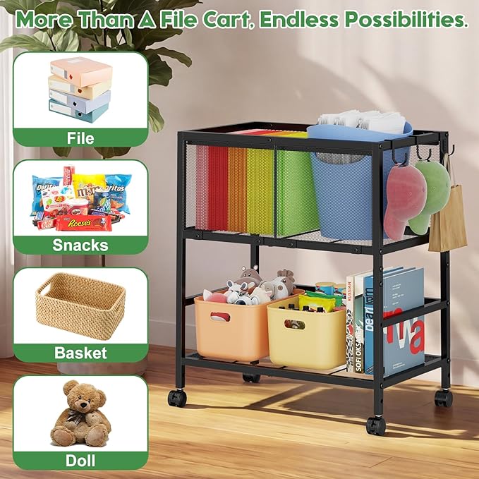 Rolling File Cart for Letter Size, Metal Hanging File Organizer with Storage Shelf, 2-Tier Mobile File Cabinet with 360° Wheels & Hooks, Under Desk Filing Cabinets for Home Office, Black