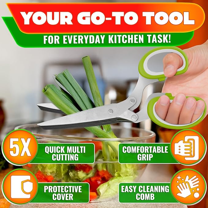 Herb Scissors with 5 Blades and Cover – Stainless Steel Herb Cutter with Ergonomic Handle and Cleaning Brush, Dishwasher Safe Design – 5x Faster Cutting of Cilantro, Parsley, Green Onion & Fresh Herbs - Image 4