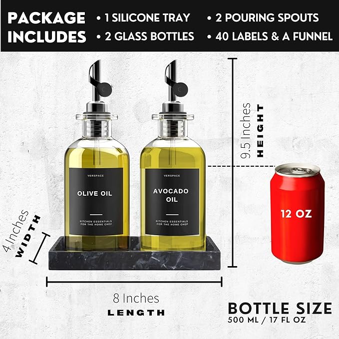 Verspace - Clear Glass Olive Oil Dispenser Bottles For Kitchen With Silicone Tray & 40 Labels, Soy Sauce Dispenser, Coffee Syrup Dispenser, Olive Oil Bottles Set Of 2, Black 500ml / 17oz - Image 3