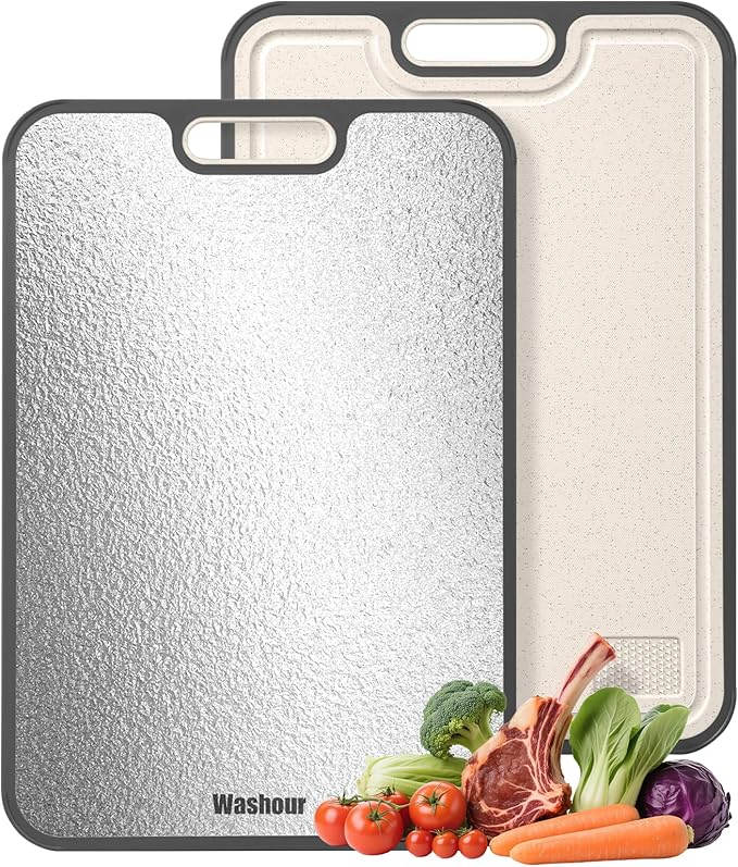Stainless Steel Cutting Boards for Kitchen, Non Toxic 2-in-1 Cutting Board Double Sided, Food Grade Chopping Boards for Fresh Meat Vegetable, Easy to Clean Large Size 16”×11” by Washour