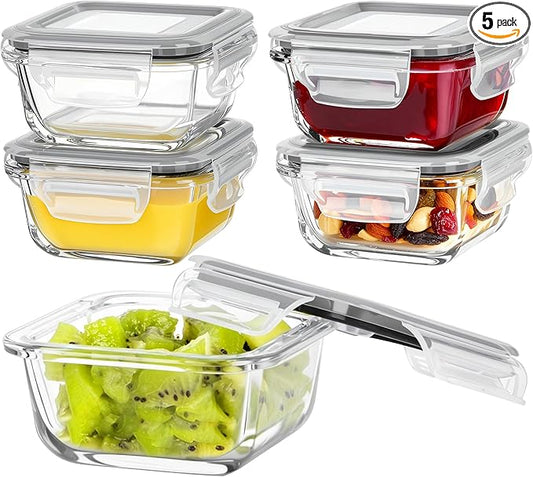 Vtopmart 5Pack 5oz Small Glass Storage Containers with Lids, Glass Meal Prep Food and Sauce Container Sets with Snap Airtight Lids for Microwave, Oven, Freezer and Dishwasher, Grey by Vtopmart