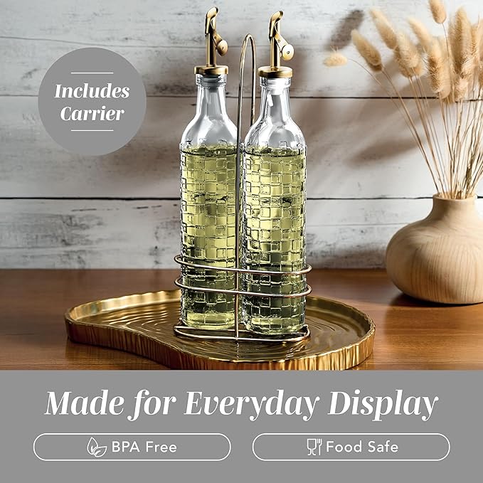 COOK WITH COLOR Glass Olive Oil Bottle Dispenser - 2 Pack- 17oz Oil and Vinegar Cruet - Olive Oil Carafe Decanter for Kitchen, Checkered, Clear - Image 6