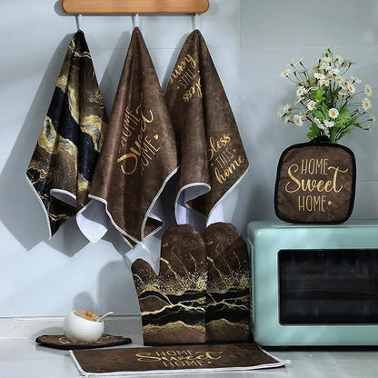 Leinuosen 8 Pcs Kitchen Towels and Dishcloths Sets Oven Mitts and Pot Holders Sets Absorbent Kitchen Gloves Potholders Heat Resistant for Chef Baking Cooking(Coffee,Marble)