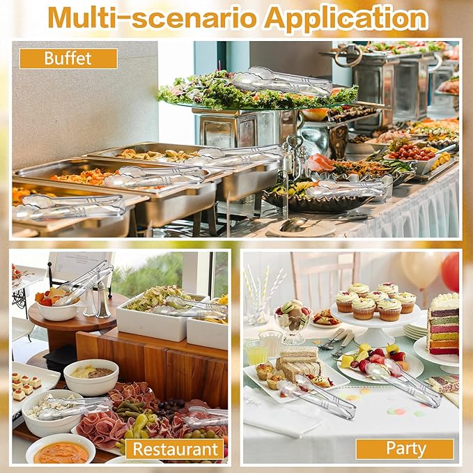Mwellewm 12 Pc Serving Tongs 9 Inch Bulk Reusable or Disposable Plastic Tongs Heavy Duty Hard Plastic Serving Utensils Set Large Salad Tong for Kitchen Party Food Buffet Appetizer Catering (Clear） - Image 7