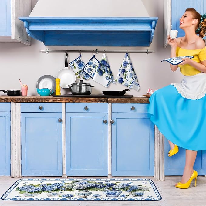 Fanfanwin 10 Pcs Chinoiserie Blue White Hydrangea Kitchen Decor Set Blue and White Chinese Floral Dish Towels Rugs Oven Mitts Pot Holders for Cooking Baking Mom Gift Home Hydrangea Decor