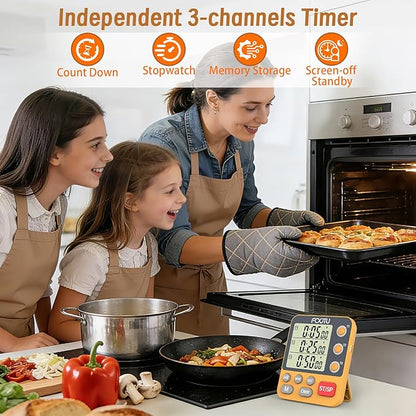 Digital Dual Triple Kitchen Timer, 3-Channel Magnetic Countdown Timer for Cooking, Large Display Stopwatch Multi Food Classroom Timer Loud Alarm for Seniors Teachers Battery Included (Orange)