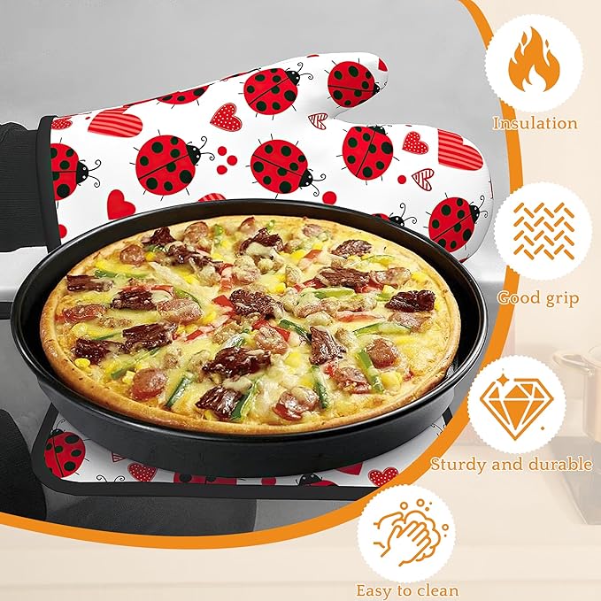 Cute Ladybug Oven Mitts and Pot Holders,Red Heart Heat Resistant Oven Mitts Gloves and Pot Holder for Home Kitchen Decorations Cooking Baking BBQ Gifts,Set of 4
