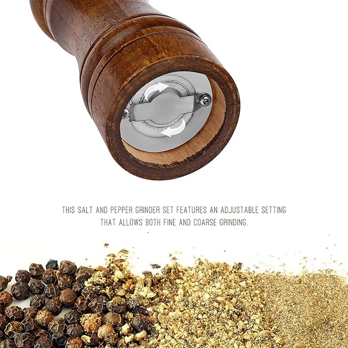 Pepper Grinder - 8 inch Pepper Mill Oak Wooden Pepper Mill Grinder Refillable Grinder Pepper with Ceramic Grinding Mechanism Adjustable Coarse to Fine (1 Pack)