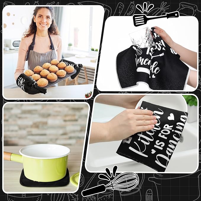 Fourluoo 10 Pcs Farmhouse Kitchen Decor and Accessories Set 4 Kitchen Towels 2 Pot Holders 2 Oven Mitts 2 Rugs for Cooking Baking Mom Housewarming Gifts(Black,Classic Style) - Image 4