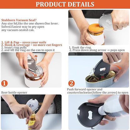 Uinxan Bottle Opener for Weak Hands & Seniors with Arthritis–5 in 1 for Vacuum Seals, Soda, Small Jar Lids(0.6"-2.7"), Beer Caps, Pull Tabs–Multifunction Portable Tool for Elderly/Women/Men (Silver)