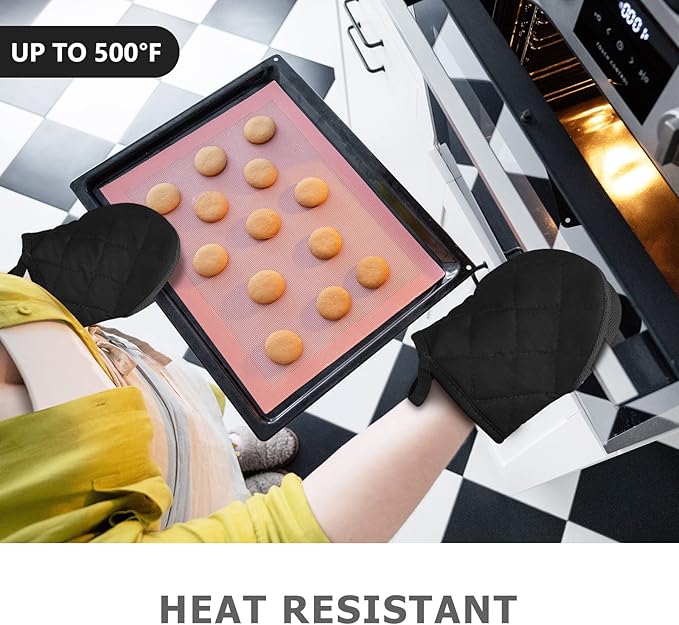 1 Pair Short Oven Mitts - Silicone Kitchen Oven Gloves High Heat Resistant 500℉, Mini Oven Mits with Non-Slip Grip Surfaces and Hanging Loop for BBQ, Baking, Cooking and Grilling (Black) - Image 2