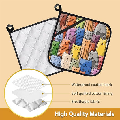 Funny Cats Family Pot Holder Set of 2,Heat Resistant Potholders Oven Hot Pads for Kitchen Cooking Baking BBQ