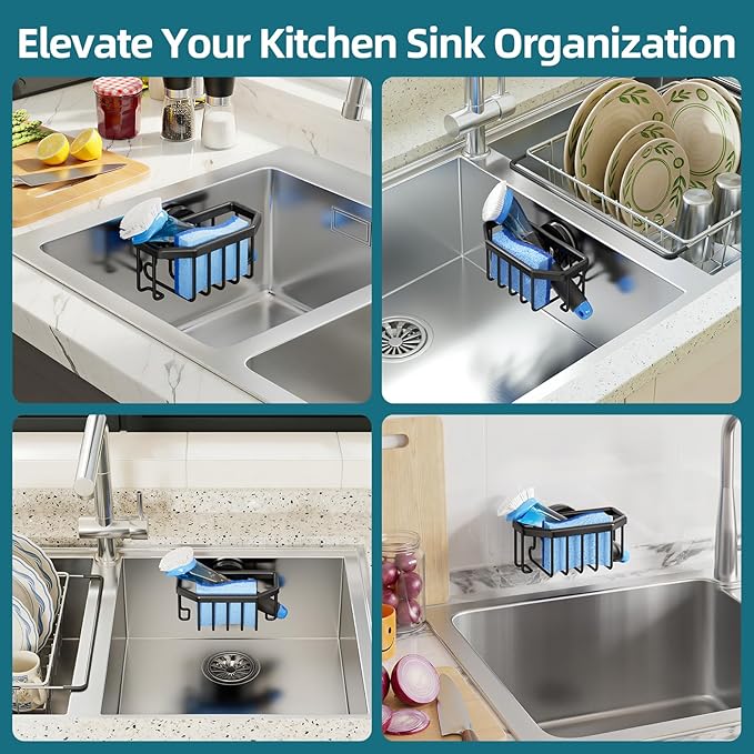 TAILI Sink Caddy with Strong Suction Cup, Sponge Holder for Kitchen Sink Organizer, Removable Sponge Caddy Inside Sink, Rustproof Aluminum Holder for Sponges, Brushes - Black - Image 6