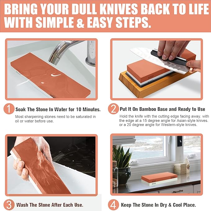 HMPLL Knife Sharpening Stone Set, Professional Whetstone 4 Side Grit 400/1000 3000/8000, Whetstone Knife Sharpener Stone Set Include Non-slip Base, Leather Strop, Flattening Stone & Angle Guide - Image 3