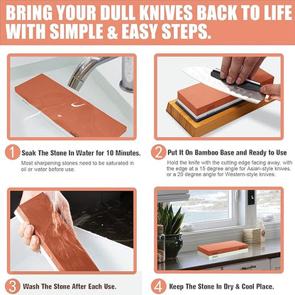 HMPLL Knife Sharpening Stone Set, Professional Whetstone 4 Side Grit 400/1000 3000/8000, Whetstone Knife Sharpener Stone Set Include Non-slip Base, Leather Strop, Flattening Stone & Angle Guide - Image 3