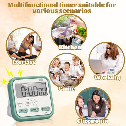 Leumoi 6 Pcs Digital Kitchen Timer 24 Hour Clock and Alarm Function Timer On/Off Switch Minute Second Count up Countdown Loud Alarm for Exercise Cook Baking(Black, Pink, Blue, Green)