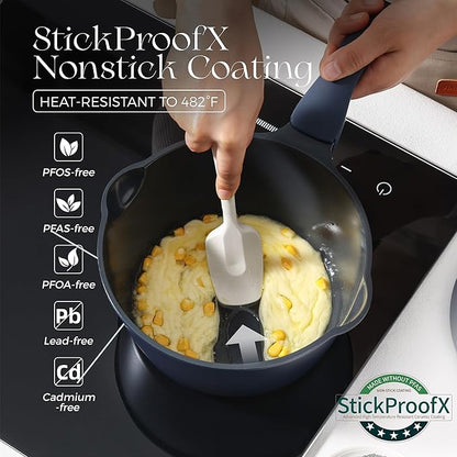 PRICUSIS Ceramic Nonstick Saucepan with Lid, 2.7 Quart Non Toxic Pot with Pour Spouts, Full Coated, 100% Dishwasher Safe, Induction Compatible & Oven Safe, PTFE PFAS & PFOA Free, Blueberry Mist - Image 2