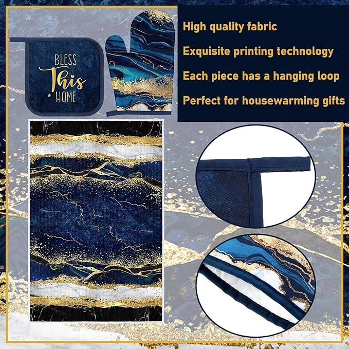 Leinuosen 8 Pcs Blue Marble Kitchen Decor Dish Towels and Oven Mitts Sets Pot Holders and Dishcloths Farmhouse Kitchen Accessories Decorative Set for Chef Baking Cooking Daughter Mom Gift
