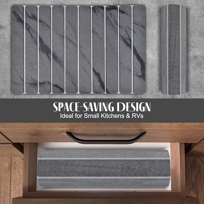 2 PCS Large Stone Dish Drying Mat for Kitchen Counter, 24"×16" Grey Marble Dish Drying Mat with 8"x 4" Coasters, Non - Slip Collapsible Absorbent Stone Dish Drying Mat for Multi - Purpose - Image 3