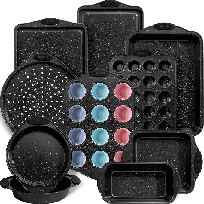 Kikcoin 22 PCS Nonstick Baking Pans Set, Stackable Bakeware Sets with Silicone Handles, 450°F Oven Safe Baking Sheet set, Easy Release Cookie Sheets for Baking, Black by Kikcoin