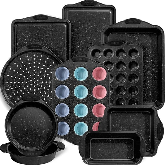 Kikcoin 22 PCS Nonstick Baking Pans Set, Stackable Bakeware Sets with Silicone Handles, 450°F Oven Safe Baking Sheet set, Easy Release Cookie Sheets for Baking, Black by Kikcoin