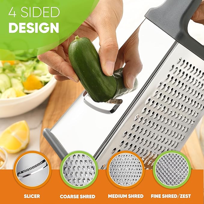 Spring Chef Professional Cheese Grater - Stainless Steel Box Grater for Kitchen, XL Size, 4 Sides - Perfect Shredder for Parmesan Cheese, Carrot, Potato, Ginger - Dishwasher Safe - Gray - Image 6