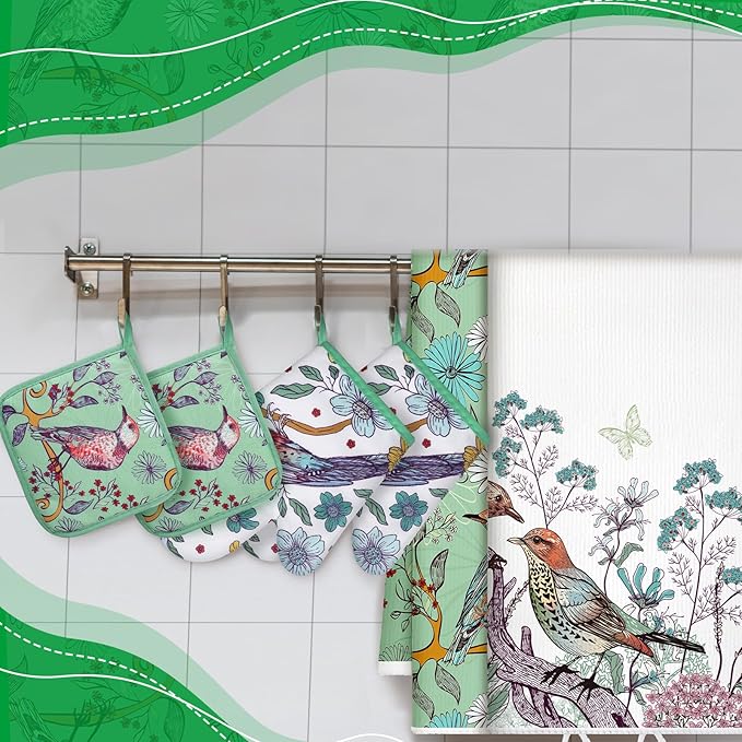 Leinuosen 6 Bird Flower Kitchen Towels Kitchen Decor and Accessories Set Floral Plant Oven Mitts and Pot Holders Sets Farmhouse Absorbent Dish Towels for Cooking Baking Grilling - Image 4