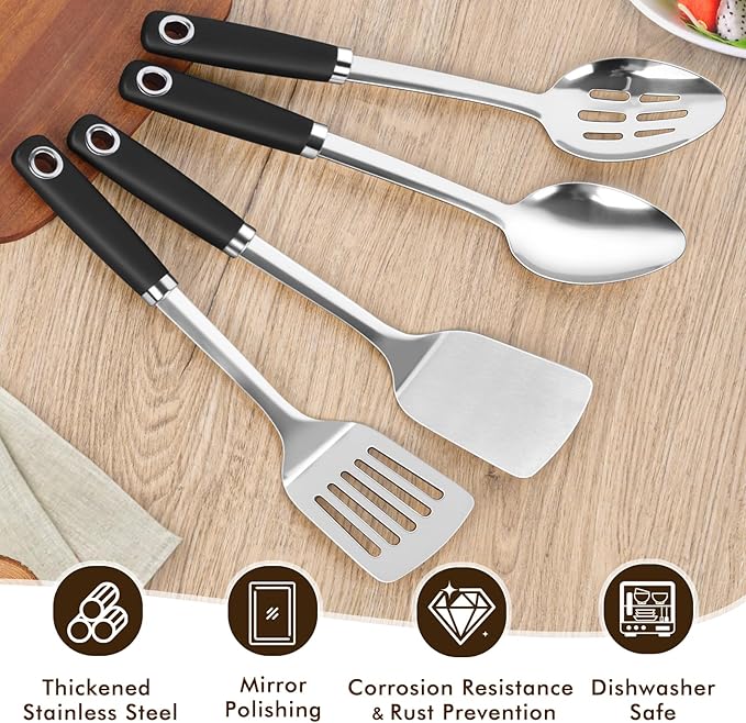 4 Pcs Cooking Utensils Set, Stainless Steel Kitchen Utensils, Heat Resistant Metal Kitchen Tools Include Solid & Slotted Turner Wok Spatula, Serving Spoon, Ergonomic Handle, Easy to Clean, Silver - Image 3