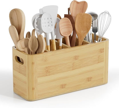 Bamboo Utensil Holder for Kitchen Counter, Extra Large Utensil Organizer for Countertop with 4 Compartments, Cooking Utensil Holder for Spatula Kitchen Storage