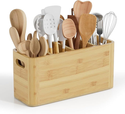 Bamboo Utensil Holder for Kitchen Counter, Extra Large Utensil Organizer for Countertop with 4 Compartments, Cooking Utensil Holder for Spatula Kitchen Storage