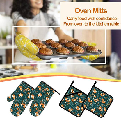 Fall Oven Mitts and Hot Pads Set - Fox Leaves Design, Heat Resistant Cute Pot Holders for Kitchen, Baking Gifts for Women