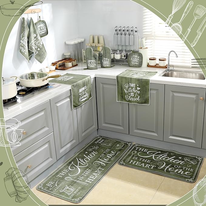 Fourluoo 10 Pcs Farmhouse Kitchen Decor and Accessories Set 4 Kitchen Towels 2 Pot Holders 2 Oven Mitts 2 Rugs for Cooking Baking Mom Housewarming Gifts(Sage Green,Classic Style) - Image 7