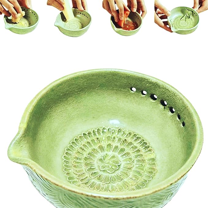 Garlic Grater Bowl 7-hole 2-in-1Kitchen Spanish Handheld Herb Stripper Ceramic Wasabi Cheese Spoon Ginger Spice Grinding Bowl Tool