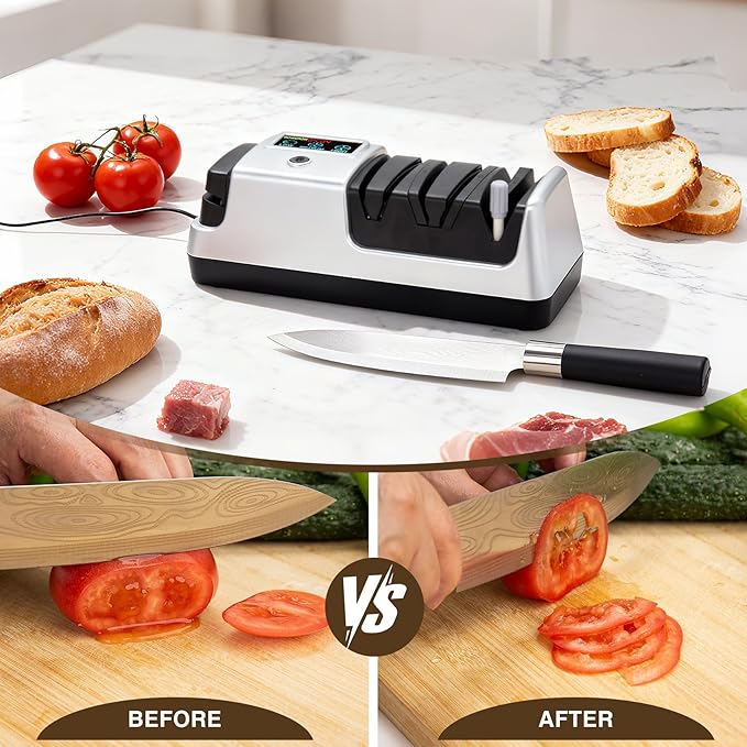 Silver Professional 3-Stage Electric Knife Sharpener for Kitchen Knives, LCD Screen, 100% Diamond Abrasive, Adjustable Rotational Speed, Precision Angle Guides for All Kitchen Knives - Image 4
