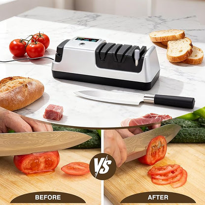 Silver Professional 3-Stage Electric Knife Sharpener for Kitchen Knives, LCD Screen, 100% Diamond Abrasive, Adjustable Rotational Speed, Precision Angle Guides for All Kitchen Knives - Image 4