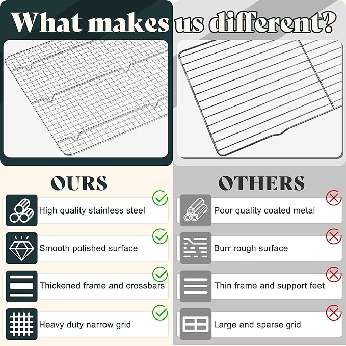 Cooling Racks for Cooking and Baking - 11.5"x16.5" Oven Safe Premium Stainless Steel Heavy Duty Baking Rack Tight-Wire, Fits Half Sheet Pan for Roasting & Grilling & Cooking - Set of 2 - Image 8