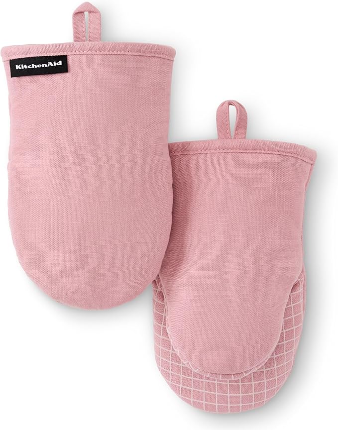 KITCHENAID Gourmet Series Gridlines Mini Oven Mitts 2-Pack Set, Heat Resistant up to 600°F, Soft Silicone Grip, Magnetic Cuff, Dried Rose, 5.5"x9" by KitchenAid