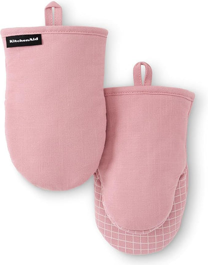 KITCHENAID Gourmet Series Gridlines Mini Oven Mitts 2-Pack Set, Heat Resistant up to 600°F, Soft Silicone Grip, Magnetic Cuff, Dried Rose, 5.5"x9" by KitchenAid