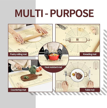 Silicone Baking Mat, Extra Thick Dough Rolling Pad with Measurements and Edge Heightening, Non-stick Food Grade Silicone Pastry Mat for Pastry, Bread, Cookies (Beige Edge Up, 20"L x 28"W)