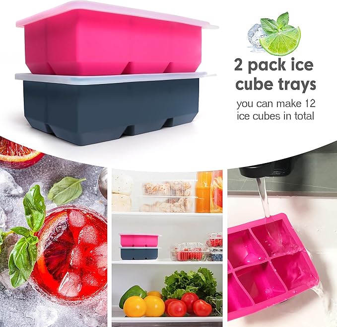 Silicone Ice Cube Trays with Lids,Large Square Ice Cube Molds for Freezer, Whiskey, Cocktail, Stackable Flexible and Reusable & Easy Release BPA Free (2 Pack&Dark Gray and Rose) - Image 4