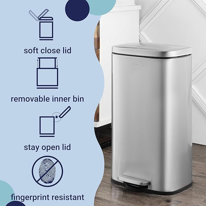 happimess HPM1011A Curtis 8-Gallon Step-Open Trash Can with Soft-Close Lid, Modern, Minimalistic, Fingerprint Proof for Home, Kitchen, Laundry Room, Office, Bedroom, Bathroom, Chrome - Image 3