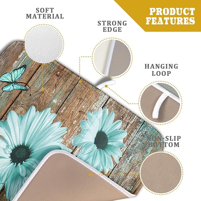 Giwawa Rustic Daisy Dish Drying Mat for Kitchen Countertop 16x18 inch Fall Teal Sunflowers on Wooden Board Dish Drainer Mats Fast Drying Country Vintage Shabby Chic Flower Dish Drying Pad Cabin Decor