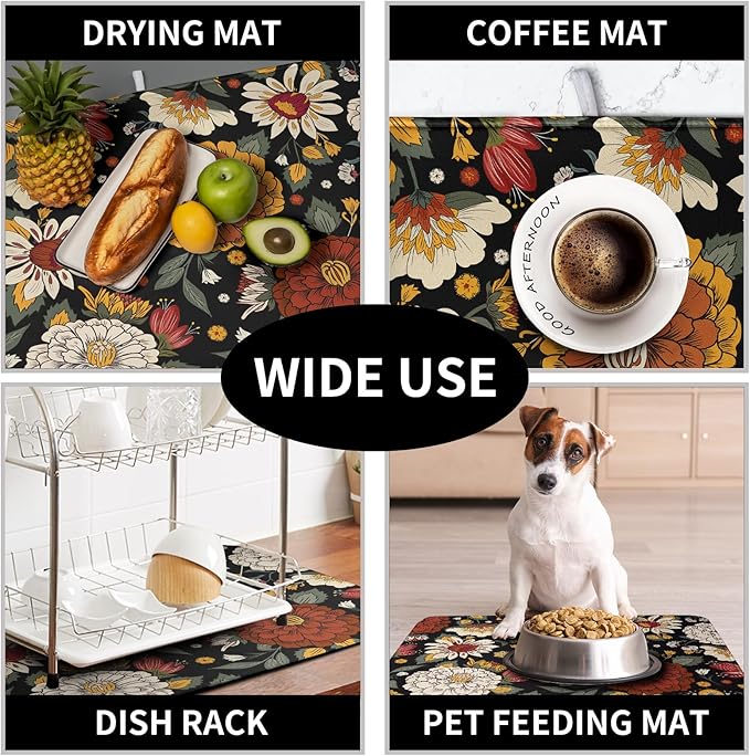 Vintage Floral Dish Drying Mat for Kitchen Counter Retro Sunflower Floral Absorbent Microfiber Dry Dish Mat Reversible Washable Dish Drainer Rack Mat Large 18x24 Inch - Image 7