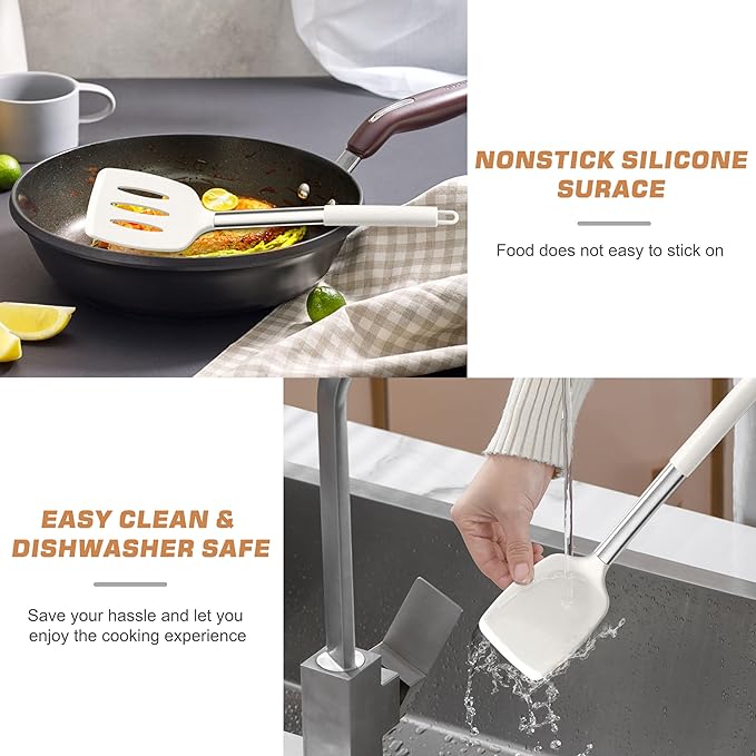 TeamFar Kitchen Utensils, 4 PCS Silicone Cooking Utensils with Stainless Steel Handle, for Nonstick Cookware Frying/Flipping/Draining, Non-toxic & Heat-proof, Non-scratch & Dishwasher Safe - Image 6