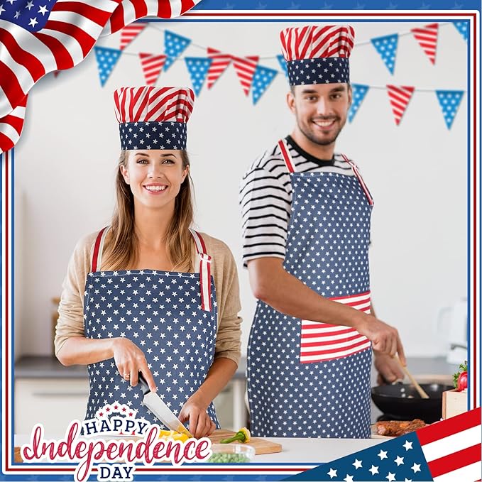 SATINIOR USA 4th of July Flag Kitchen Chef Hat Adjustable Apron 250th Independence Day Apron Patriotic Aprons for Men Women